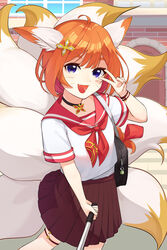  absurdres ahoge animal_ears bag blue_eyes brown_skirt eight-tailed_fox_nari female fox_ears fox_girl fox_tail guardian_tales highres holding jewelry korean_commentary looking_at_phone multiple_tails open_mouth orange_hair pendant phone piu47 school_uniform serafuku sign skirt smile tail v 