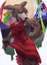  2020 5_fingers anthro beastars black_nose brown_body brown_fur canid canine canis claws closed_eyes clothing collar digital_media_(artwork) digital_painting_(artwork) dress english_text female fingers fur hi_res juno_(beastars) maarzkid makeup mammal moon night outside red_clothing red_dress snout solo text wolf 