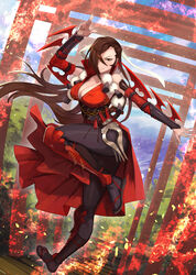  absurdres arm_blade arm_guards bare_shoulders blue_sky breasts brown_eyes brown_hair cleavage cloud commission dagger detached_sleeves female fire fire_emblem fire_emblem_cipher fire_emblem_fates full_body hair_over_one_eye high_collar highres japanese_clothes kagero_(fire_emblem) knee_guards knife large_breasts leg_up long_hair looking_at_viewer mature_female ninja obi official_alternate_costume open_mouth outdoors pants pelvic_curtain plunging_neckline ponytail sandals sash skeb_commission sky solo tabi tassel teo_(telo_ruka) tight_clothes tight_pants torii tree very_long_hair weapon zouri 