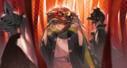  2boys absurdres black_hair female fox_mask grey_hair highres ishida_(segu_ishida) japanese_clothes kimono lion_dance looking_at_viewer mask multiple_boys original ponytail red_eyes shishimai standing white_hair yukata 