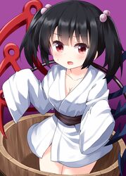  alternate_hairstyle asymmetrical_wings black_hair breasts bucket cleavage collarbone commentary_request cosplay female hair_bobbles hair_ornament highres houjuu_nue in_bucket in_container kisume kisume_(cosplay) open_mouth purple_background red_eyes ruu_(tksymkw) simple_background sleeves_past_fingers sleeves_past_wrists solo sweat touhou two_side_up wings wooden_bucket 