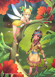  2boys 2girls black_hair blonde_hair blue_eyes brown_eyes commentary copyright_notice english_commentary facepaint fairy fairy_wings feather_hair_ornament feathers full_body grass hair_ornament headband holding holding_weapon kriss_sison long_hair medium_hair multiple_boys multiple_girls native_american outdoors peter_pan pointy_ears second-party_source shoes tiger_lily_(peter_pan) tinker_bell_(character) tomahawk tree twintails weapon wings 