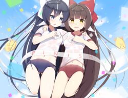  2girls ahoge animal_ears arm_around_shoulder ass_visible_through_thighs azur_lane black_hair blue_buruma blue_eyes breasts brown_eyes brown_hair buruma cloud confetti day finish_line fuki_to_takenoko harutsuki_(azur_lane) highres legs long_hair midriff multiple_girls navel official_alternate_costume open_mouth outdoors ponytail red_buruma ribbon running shirt short_sleeves sky small_breasts smile thighs three-legged_race very_long_hair white_shirt yoizuki_(azur_lane) yoizuki_(sports_festival_preparations)_(azur_lane) 