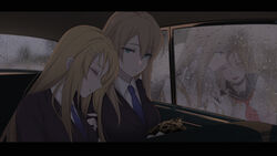  3girls aiguillette black_suit blonde_hair blue_eyes blue_neckwear braid car_interior cartonbox_(zhixiang_zhi) chinese_commentary closed_eyes commentary formal french_braid hair_ornament hairclip highres lexington_(cv-16)_(warship_girls_r) lexington_(warship_girls_r) long_hair multiple_girls neckerchief necktie platinum_blonde_hair rain red_neckerchief saratoga_(warship_girls_r) suit warship_girls_r 