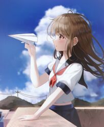  absurdres blue_sailor_collar blue_skirt blue_sky brown_eyes brown_hair closed_mouth cloud day female highres holding holding_paper_airplane leepy long_hair midriff_peek mountainous_horizon neckerchief original outdoors paper_airplane power_lines red_neckerchief sailor_collar school_uniform serafuku shirt short_sleeves skirt sky smile solo standing white_shirt 