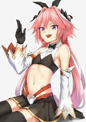  1boy alternate_legwear astolfo_(fate) astolfo_(saber)_(fate) bare_shoulders black_bow black_gloves black_ribbon black_skirt black_thighhighs bow commentary_request detached_sleeves fate/grand_order fate_(series) gloves hair_between_eyes hair_intakes hair_ribbon hairbow long_hair looking_at_viewer male_focus multicolored_hair navel oerba_yun_fang otoko_no_ko pink_eyes pink_hair purple_eyes ribbon simple_background sitting skirt streaked_hair thighhighs twintails white_background white_sleeves wujiemang 