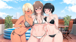  black_eyes black_hair blonde_hair blush breasts brown_hair cleavage dark_skin kemuri_haku long_hair navel original purple_eyes short_hair wristwear 