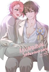  2boys alternate_costume androgynous anniversary aster_(nu_carnival) bishounen blush brown_eyes brown_hair cream_s2_cream eiden_(nu_carnival) formal grey_suit grin hair_over_one_eye highres leg_grab long_sleeves looking_at_another male_focus multiple_boys nu_carnival open_mouth pectorals pink_eyes pink_hair pointy_ears short_hair sitting sitting_on_lap sitting_on_person smile suit vampire yaoi 