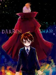  2boys back-to-back black_hair cape darren_shan flute formal holding holding_instrument instrument larten_crepsley multiple_boys oekaki orange_hair red_cape red_eyes short_hair skn_nks suit the_saga_of_darren_shan 