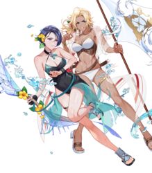  2girls bare_shoulders belt bikini black_hair blonde_hair blue_eyes bow_(weapon) breasts casual_one-piece_swimsuit catherine_(fire_emblem) catherine_(summer)_(fire_emblem) cleavage clenched_teeth dark-skinned_female dark_skin feet fingerless_gloves fingernails fire_emblem fire_emblem:_three_houses fire_emblem_heroes flag flower full_body gloves hair_flower hair_ornament halterneck hibiscus highres holding holding_weapon kainown large_breasts leg_up legs medium_breasts medium_hair multiple_girls navel non-web_source official_art one-piece_swimsuit parted_lips petals polearm purple_eyes sandals see-through shamir_nevrand shamir_nevrand_(summer) short_hair single_glove stomach swimsuit teeth thigh_strap thighs toeless_footwear toenails toes transparent_background weapon wristband 