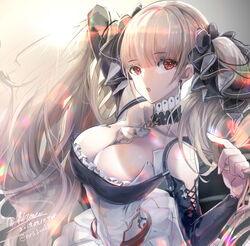  arm_up azur_lane bare_shoulders between_breasts black_dress breasts cleavage dated dress earrings female formidable_(azur_lane) frilled_dress frills grey_hair hair_ribbon highres hirose_(10011) holding holding_own_hair jewelry large_breasts light_particles long_hair long_sleeves looking_at_viewer open_mouth red_eyes ribbon rigging signature solo twintails twitter_username two-tone_dress two-tone_ribbon very_long_hair 