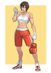  abs absurdres artist_name bandages blue_eyes border boxing_gloves brown_hair cirenk commentary commission dated english_commentary female highres legs_apart looking_at_viewer mixed-language_commentary muscular muscular_female red_shorts saotome_senshu_hita_kakusu saotome_yae short_hair shorts solo sports_bra sportswear sweat tomboy white_border white_sports_bra yellow_background 