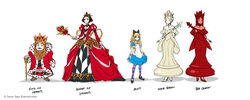  1boy 4girls alice_(alice_in_wonderland) alice_in_wonderland apron beard black_bow black_footwear black_hair blonde_hair blue_dress blue_eyes bow breasts character_name cleavage coat colored_skin commentary copyright_notice crown dress english_commentary facial_hair hairbow height_difference king king_of_hearts_(alice_in_wonderland) kriss_sison large_breasts long_hair multiple_girls pantyhose purple_pantyhose queen_of_hearts_(alice_in_wonderland) red_coat red_dress red_hair red_queen red_skin second-party_source shoes simple_background staff white_apron white_background white_dress white_hair white_queen white_skin 