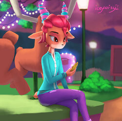  absurd_res amber_eyes amusement_park anthro bottomwear clothed clothing deer denim denim_bottomwear denim_clothing detailed_background electronics female hair hi_res icefairy64 jeans lights looking_at_object looking_at_phone mammal new_world_deer pants patch_(fabric) phone pink_hair roe_deer sitting solo soyuzmultfilm street_lamp tracksuit ulya_(wjyw) well_just_you_wait! 