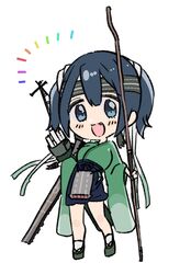  apron arrow_(projectile) blue_eyes blue_hair blue_hakama bow_(weapon) chibi female flight_deck fujisaki_(si_da) geta green_kimono hachimaki hair_ribbon hakama hakama_skirt headband highres holding holding_bow_(weapon) holding_weapon japanese_clothes kantai_collection kimono oerba_yun_fang quiver ribbon simple_background skirt solo souryuu_(kancolle) souryuu_kai_ni_(kancolle) twintails weapon white_background white_ribbon wide_sleeves 