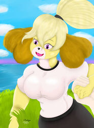  2021 ambiguous_gender animal_crossing anthro black_clothing black_nose bottomwear breasts canid canine canis clothing cloud day desligar digital_media_(artwork) domestic_dog duo female floppy_ears fur grass hand_holding happy human isabelle_(animal_crossing) mammal monotone_bottomwear monotone_clothing monotone_skirt multicolored_body multicolored_fur nintendo open_mouth orange_body orange_fur plant purple_eyes purple_sclera sea shih_tzu shirt signature skirt topwear toy_dog water white_body white_clothing white_fur yellow_body yellow_fur 