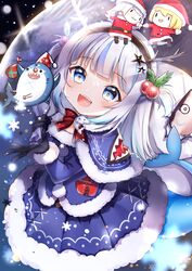  2girls :3 :d absurdres animal antlers black_gloves black_hairband blonde_hair bloop_(gawr_gura) blue_capelet blue_eyes blue_hair blue_jacket blue_skirt capelet christmas closed_mouth commentary_request fake_antlers fins fish fish_tail fur-trimmed_capelet fur-trimmed_jacket fur-trimmed_skirt fur-trimmed_sleeves fur_trim gawr_gura gloves grey_hair hair_ornament hairband hat highres holding holding_sack hololive hololive_english horns jacket long_hair multicolored_hair multiple_girls pleated_skirt reindeer_antlers rinringyo sack santa_costume santa_hat shark shark_tail sharp_teeth skirt smile smol_ame smol_gura snow snowflakes star_(symbol) star_hair_ornament streaked_hair tail teeth two_side_up virtual_youtuber watson_amelia winter |_| 