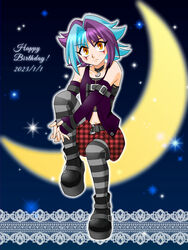  1boy bakuten_shoot_beyblade_rising belt beyblade blue_hair closed_mouth collar crescent detached_sleeves fishnet_top fishnets full_body kagami_futsuki medium_hair moon navel otoko_no_ko purple_hair sinobi_com striped_clothes striped_thighhighs thighhighs twitter_username 