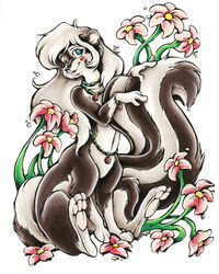  black_body black_fur female flower fur hair heart_symbol kim_arndt mammal mammal_taur mephitid mephitid_taur navel nude plant skunk skunk_taur solo striped_skunk taur white_hair 