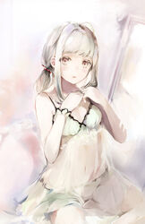  absurdres ahoge bare_arms bare_shoulders brown_eyes commentary_request dress female grey_hair hanagin hands_up highres long_hair looking_at_viewer low_twintails navel original panties parted_lips sidelocks sleeveless sleeveless_dress solo twintails underwear white_dress white_panties 