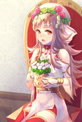  bare_shoulders chair choker female fire_emblem fire_emblem_heroes flower flower_pot grey_hair hair_flower hair_ornament headpiece highres holding holding_flower indoors long_hair looking_at_viewer official_alternate_costume red_eyes riou_(pooh920) sitting thighhighs veronica_(fire_emblem) veronica_(valentine)_(fire_emblem) wall 