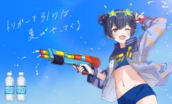  ;d bikini blue_bikini blue_hair breasts commentary_request eyewear_on_head female fingerless_gloves gloves hair_ornament heart heart_hair_ornament holding holding_water_gun idolmaster idolmaster_shiny_colors midriff morino_rinze musical_note musical_note_hair_ornament navel one_eye_closed open_clothes open_mouth open_shirt pocari_sweat purple_eyes purple_gloves single_glove small_breasts smile solo suke_(momijigari) sunglasses swimsuit translation_request water_gun 