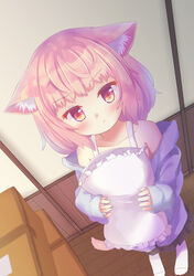  &gt;:( :t animal_ear_fluff animal_ears box cardboard_box cardigan cat_ears cat_girl cat_tail female full_body holding holding_pillow light_brown_hair lolicon long_sleeves looking_at_viewer off_shoulder open_cardigan open_clothes orange_eyes original pillow pleated_skirt pov short_hair skirt sleeves_past_wrists slit_pupils tail tears umi_suzume v-shaped_eyebrows 