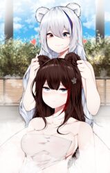  2girls absurdres anger_vein animal_ears arknights bathing bathtub bear_ears blue_hair blush breasts brown_hair cleavage closed_eyes closed_mouth collarbone commentary covering_privates ear_fondling heart heterochromia highres long_hair looking_up medium_breasts multicolored_hair multiple_girls nude nude_cover outdoors red_eyes red_hair rosa_(arknights) same-sex_bathing samip shared_bathing smile steam streaked_hair towel two-tone_hair upper_body very_long_hair white_hair yuri zima_(arknights) 