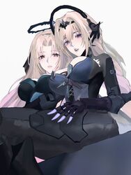  2girls artist_request bianca:_stigmata_(exorcist)_(punishing:_gray_raven) bianca:_stigmata_(punishing:_gray_raven) bianca_(punishing:_gray_raven) black_gloves blonde_hair bodysuit breasts cleavage gloves halo highres large_breasts long_hair looking_at_viewer multiple_girls multiple_persona necktie official_alternate_costume open_mouth punishing:_gray_raven short_necktie simple_background tiara white_background 