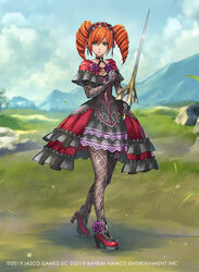  amy_sorel black_dress black_gloves black_pantyhose closed_mouth commentary copyright_notice dated day dress english_commentary female flower frilled_dress frills full_body gloves grass green_eyes high_heels holding holding_sword holding_weapon kriss_sison looking_at_viewer mountainous_horizon orange_hair outdoors pantyhose purple_flower purple_rose rose second-party_source shoes sky solo soulcalibur soulcalibur_vi standing sword weapon 