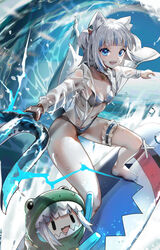  alternate_costume animal_ear_fluff animal_ears bare_legs barefoot bikini blue_bikini blue_choker blue_eyes blue_hair blunt_bangs blush breasts cat_ears chibi choker cleavage commentary dinosaur_costume eyelashes female fins fish_tail full_body gawr_gura glowstick grey_hair hair_ornament haowei_wu highres holding holding_glowstick holding_trident holding_weapon hololive hololive_english jacket jewelry kemonomimi_mode legs_apart long_sleeves looking_at_viewer medium_hair multicolored_hair navel open_clothes open_jacket open_mouth outstretched_arms pendant polearm see-through see-through_jacket see-through_sleeves shark_girl shark_hair_ornament shark_print shark_tail sharp_teeth short_twintails small_breasts smile smol_gura standing stomach streaked_hair surfboard surfing swimsuit tail teeth thigh_strap trident twintails two-tone_hair two_side_up upper_teeth_only v-shaped_eyebrows virtual_youtuber water waves weapon white_jacket 