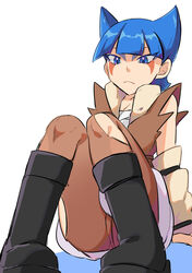  arm_support arm_warmers black_footwear blue_eyes blue_hair blunt_bangs boots brown_pants brown_vest closed_mouth coin_(pokemon) commentary_request facial_mark female frown knees kono2noko looking_down medium_hair pants pantyhose pigeon-toed pokemon pokemon_legends:_arceus sitting solo torn_clothes torn_pantyhose vest white_background 