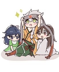  3girls :o aged_down amagi_(kancolle) black_hair blue_eyes blush braid brown_eyes brown_hair cosplay fujisaki_(si_da) green_eyes green_hakama grey_hair hachimaki hair_over_shoulder hair_ribbon hakama hakama_skirt headband high_ponytail highres hiryuu_(kancolle) hiryuu_(kancolle)_(cosplay) hiryuu_kai_ni_(kancolle) japanese_clothes kantai_collection katsuragi_(kancolle) kimono lolicon long_hair multiple_girls orange_kimono ponytail ribbon simple_background single_braid skirt unryuu_(kancolle) very_long_hair white_background white_ribbon wide_ponytail 