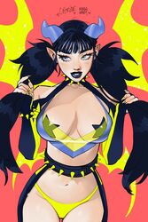  artist_name belt bikini black_belt black_hair black_lips black_pasties blue_eyes breasts cleavage female freckles groin highres holding holding_own_hair horns lips long_hair looking_to_the_side manda_schank medium_breasts mole navel nose original parted_lips pasties pink_background pointy_ears sling_bikini_top solo spiked_belt swimsuit twintails very_long_hair yellow_bikini 