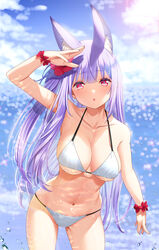  animal_ear_fluff animal_ears bangs bikini blush bracelet breasts cleavage collarbone commentary_request droplets eyebrows_visible_through_hair female fingernails flower groin hair_flower hair_ornament hand_over_face highres jewelry kamishiro_natsume large_breasts lavender_hair long_hair looking_at_viewer melty+ nail_polish navel parted_lips pink_eyes shadow swimsuit thighs very_long_hair virtual_youtuber water wet white_bikini yasuyuki 