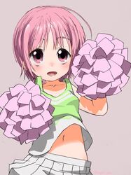  arm_up cheerleader female green_shirt grey_background highres miniskirt navel open_mouth petite pink_eyes pink_hair pom_pom_(cheerleading) shirt short_hair simple_background skirt sleeveless sleeveless_shirt solo toaru_majutsu_no_index tsukuyomi_komoe turbo_engine_(rakugaki_tabo) upper_body white_skirt wind wind_lift 