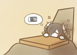  august_von_parseval_(azur_lane) azur_lane ballot black_hair chibi closed_eyes curled_horns female hair_over_one_eye horns kotatsu koti long_hair mechanical_horns sitting sleeping smile solo table thinking 