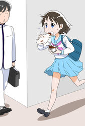  1boy bag black_hair closed_eyes commentary corner curry eating female flying_sweatdrops food gakuran highres holding late_for_school medium_hair naan_bread original running school_bag school_uniform serafuku short_hair tatsuro_karma 