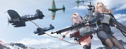  2girls aircraft airplane ass autocannon belt black_belt black_jacket black_necktie black_pantyhose black_skirt black_thighhighs blonde_hair blush bofors_40_mm_gun bolt_action bomber_jacket boots bow_(weapon) breasts cannon commentary_request dress_shirt f4u_corsair flight_deck grey_eyes gun hair_ribbon hairband highres holding holding_bow_(weapon) holding_weapon hornet_(kancolle) jacket japanese_clothes kantai_collection long_hair looking_at_viewer m1903_springfield machinery medium_breasts miko military military_vehicle multiple_girls n1k necktie ocean outdoors pantyhose pencil_skirt ribbon rifle rigging rokuwata_tomoe shirt shoukaku_(kancolle) skirt smile thigh_boots thighhighs weapon white_shirt 