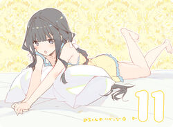  adagaki_aki bare_arms bare_shoulders barefoot bed_sheet black_hair chest_on_pillow collarbone dress female frilled_dress frills hair_ornament hair_ribbon leg_up long_hair lying masamune-kun_no_revenge official_art on_stomach open_mouth outstretched_arms photoshop_(medium) pillow ribbon sleeveless sleeveless_dress solo the_pose tiv triangle_mouth twintails v-shaped_eyebrows v_arms white_ribbon yellow_dress 