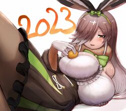  2023 alternate_breast_size animal_ears bare_shoulders bow bowtie breasts center_frills chinese_zodiac detached_collar dress elbow_gloves european_hare_(kemono_friends) extra_ears female food food_on_body food_on_breasts frills fruit fur_collar furrowed_brow gloves hair_over_one_eye hairband half-closed_eye highres huge_breasts impossible_clothes kagami_mochi kemono_friends knee_up long_bangs long_hair looking_at_viewer lying mandarin_orange naughty_face new_year object_on_breast on_back on_side oppai_mochi orange_(fruit) pantyhose parted_lips rabbit_ears rabbit_girl shibori_kasu smile solo strapless strapless_dress twisted_torso very_long_hair year_of_the_rabbit yellow_eyes 