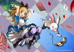  1boy alice_(alice_in_wonderland) alice_in_wonderland apron black_bow black_footwear blonde_hair bloomers blue_dress blue_hair bow buck_teeth commentary dress english_commentary female full_body hairbow kriss_sison long_hair midair pantyhose pocket_watch purple_pantyhose red_eyes second-party_source shoes teeth underwear watch white_apron white_bloomers white_rabbit_(alice_in_wonderland) wrist_cuffs 