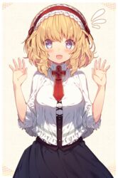  alice_margatroid alternate_costume black_skirt blonde_hair blue_eyes blush breasts capelet collared_shirt commentary_request corset female flying_sweatdrops frilled_hairband frilled_shirt frills hairband hands_up large_breasts long_sleeves looking_at_viewer necktie open_mouth red_necktie shirt short_hair skirt smile solo standing touhou usamata white_shirt 