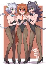  2023 3girls :d :o absurdres ahoge animal_ears bare_shoulders black_bow black_bowtie black_footwear black_hair black_leotard black_pantyhose blue_bow blue_bowtie blush bow bowtie breasts brown_hair cat_ears cat_girl cat_tail commentary_request detached_collar ear_piercing full_body green_eyes grey_hair hair_between_eyes hand_on_another&#039;s_shoulder happy_new_year high_heels highres kohaku_(ngetyan) leotard long_hair looking_at_another looking_at_viewer medium_breasts mole mole_under_eye multiple_girls necktie nengajou new_year ngetyan oerba_yun_fang open_mouth orange_necktie original pantyhose piercing raccoon_ears raccoon_girl raccoon_tail red_eyes renge_(ngetyan) ringe_(ngetyan) shoes short_hair simple_background smile tail tail_ornament wrist_cuffs 