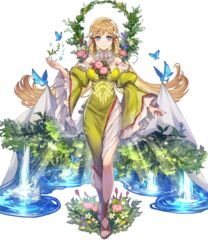  animal bird blonde_hair blue_eyes breasts bug butterfly closed_mouth dress female fire_emblem fire_emblem_heroes flower full_body grass green_dress hair_ornament highres long_hair looking_at_viewer medium_breasts nijihayashi non-web_source official_art puffy_sleeves smile solo standing toeless_footwear toes transparent_background turtleneck water water_drop wide_sleeves ymir_(fire_emblem_heroes) 