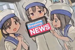  4girls akigumo_(kancolle) black_hair blue_eyes blue_sailor_collar breaking_news brown_eyes censored commentary_request daitou_(kancolle) dress dutch_angle hat hiburi_(kancolle) high_ponytail kantai_collection kirisawa_juuzou low_ponytail multiple_girls novelty_censor own_hands_clasped own_hands_together purple_eyes sailor_collar sailor_dress sailor_hat short_hair short_sleeves shounan_(kancolle) sidelocks tablet_pc twintails white_dress white_headwear white_legwear 