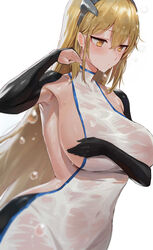  absurdres aiz_wallenstein alternate_breast_size black_gloves blonde_hair blush breasts covered_navel dress dungeon_ni_deai_wo_motomeru_no_wa_machigatteiru_darou_ka female gloves highres large_breasts long_hair rororo sideboob simple_background white_background white_dress yellow_eyes 