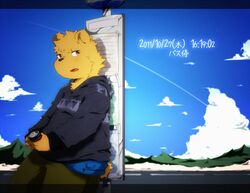  2011 anthro bear bottomwear brown_body brown_fur bus_stop clothing detailed_background fur hinami hoodie japanese_text kemono male mammal outside pants solo tameiki_kyoudai text topwear 