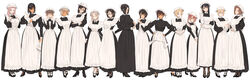  6+girls absurdres apron black_dress black_footwear breasts commentary dress edea_(throtem) elliot_(throtem) full_body hat high_heels highres juliet_sleeves kana_(throtem) kei_(throtem) large_breasts lily_(throtem) long_dress long_sleeves looking_at_viewer maid martha_(throtem) matilda_(throtem) mirna_(throtem) mob_cap multiple_girls nora_(throtem) original puffy_sleeves rosemary_(throtem) saki_(throtem) sara_(throtem) simple_background throtem tiana_(throtem) torako_(throtem) victorian_maid white_apron white_background yuri_(throtem) 