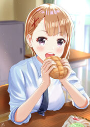  akiyama0818 blue_necktie blush bread classroom collared_shirt desk eating female food hair_ornament highres holding holding_food indoors looking_at_viewer melon_bread mieruko-chan necktie open_mouth orange_hair purple_eyes school_desk school_uniform shirt short_hair sitting sleeves_rolled_up solo teeth upper_teeth_only white_shirt x_hair_ornament yurikawa_hana 